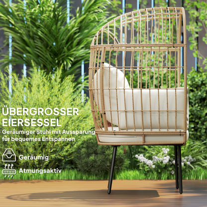 Outsunny Rattansessel Ei-Förmig mit abnehmbarem Kissen, Polster, Outdoor Sessel aus Rattan 95 x 80 x 155 cm Beige
