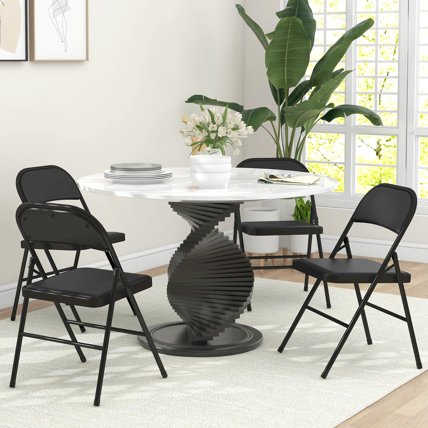 HOMCOM 4er-Set Klappstühle, Tragbare Bürostühle, Metallbeine, Faltstuhl für Büro, Empfang, Wartezimmer, Kunstleder, Schwarz