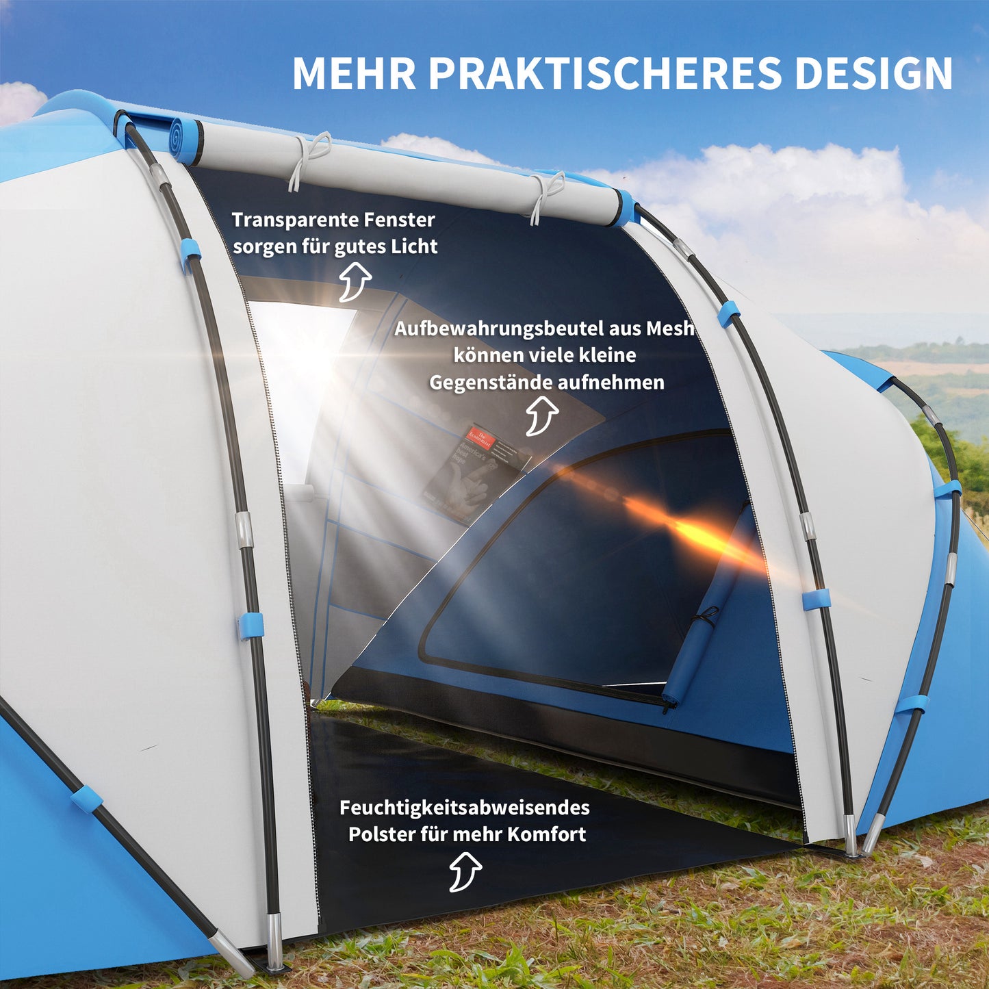Outsunny Campingzelt für 4-6 Personen leicht, stabil wasserdicht Familienzelt mit Eingang Bodenplane, Zelt mit 2000mm Wassersäule Tunnelzelt Kuppelzelt für Camping Reise Trekking Garten, Blau