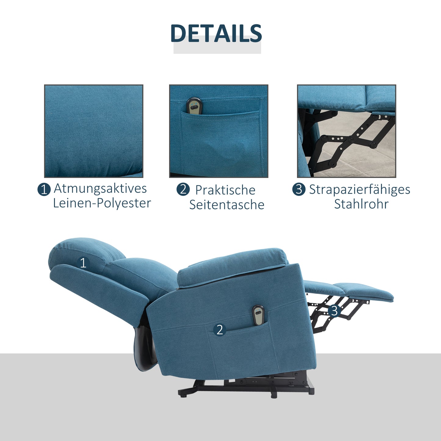 HOMCOM Fernsehsessel mit Aufstehhilfe Elektrisch Relaxsessel mit Liegefunktion, TV-Sessel mit Fernbedienung Seitentasche Taschenfederkern Leinenoptik Blau