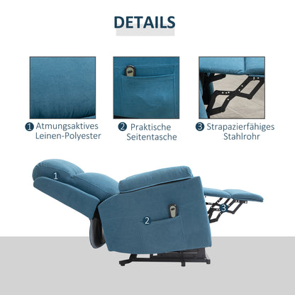 HOMCOM Fernsehsessel mit Aufstehhilfe Elektrisch Relaxsessel mit Liegefunktion, TV-Sessel mit Fernbedienung Seitentasche Taschenfederkern Leinenoptik Blau