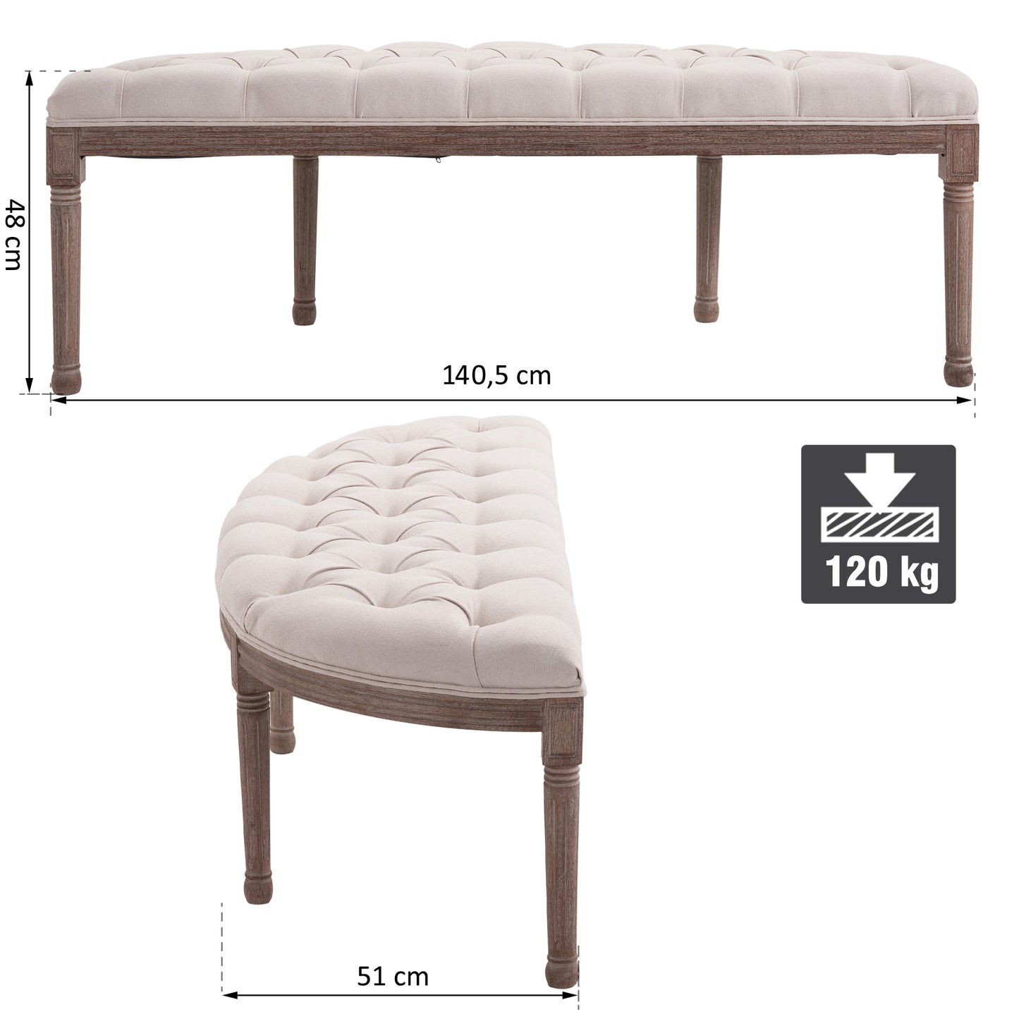 HOMCOM Polsterbank Sitzbank Lounge Sitzhocker Vintage Retro mit Knöpfen Sofa Couch Leinen + Holz beige 140,5 x 51 x 48 cm