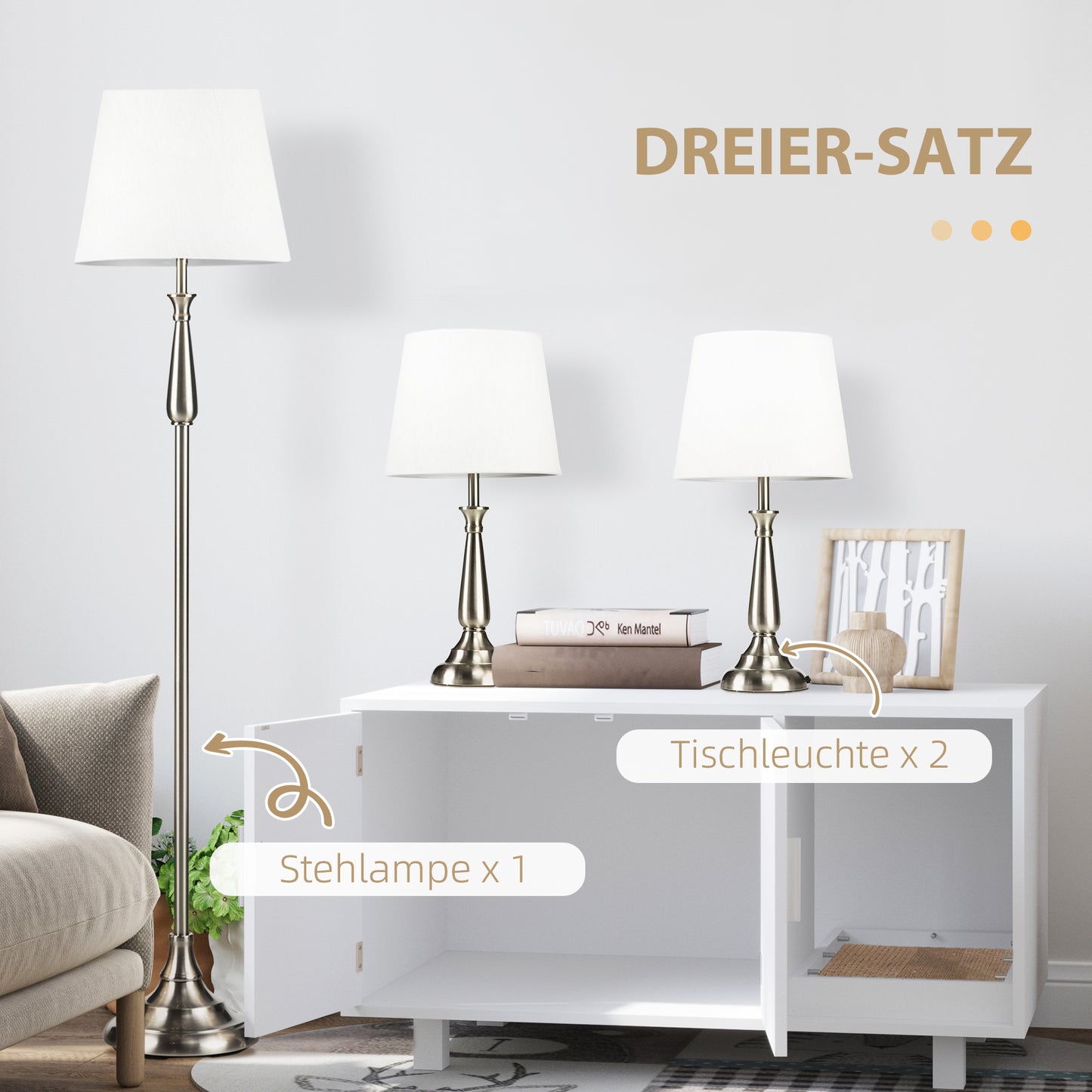 HOMCOM 3-teiliges Lampenset im Vintage-Design, 2 Tischleuchten, 1 Stehleuchte, 35,5 cm x 35,5 cm x 146 cm, Silber + Weiß