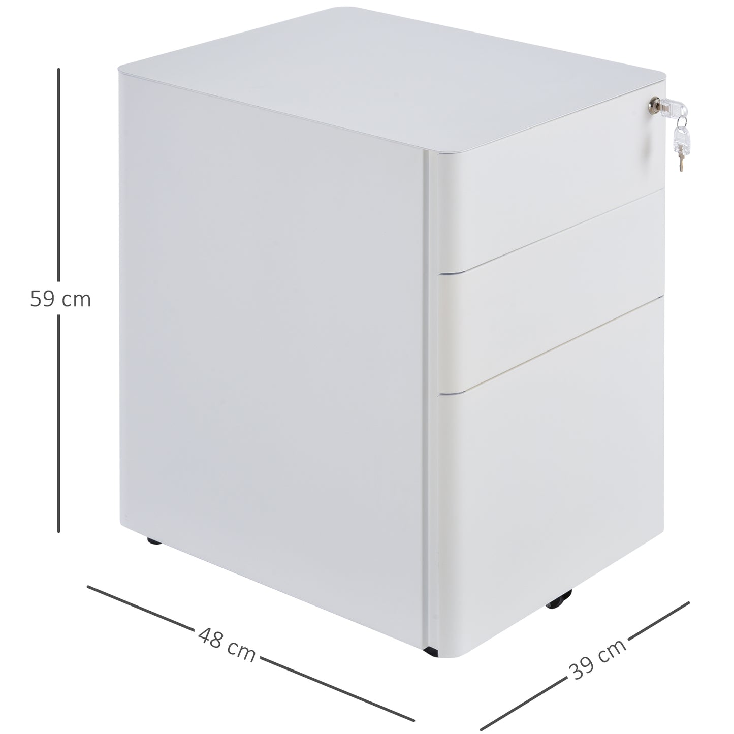 Vinsetto Rollcontainer mit 3 Schubladen mobiler Aktenschrank mit Rollen abschließbar Büroschrank mit Hängeregistratur Stiftfach, Bürocontainer für Büro, Homeoffice, 39 x 48 x 59 cm Weiß