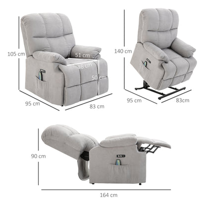 HOMCOM Sessel mit Aufstehhilfe, Massagesessel, Relaxsessel mit USB-Anschluss, Fernsehsessel mit Fernbedienung, Seitentasche, Neigebarer TV-Sessel mit Samtoptik, Grau