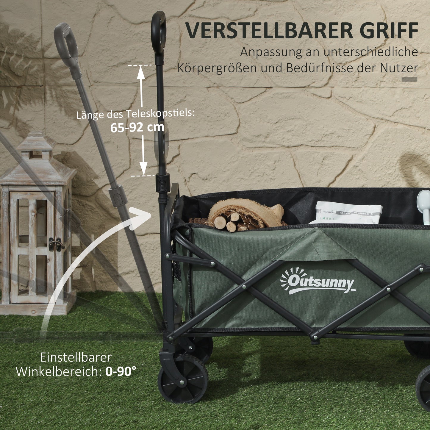 Outsunny Gartenwagen 90 kg belastbar, klappbar Transportwagen mit herausnehmbare Plane, Griff, Rädern 72 Liter Grün
