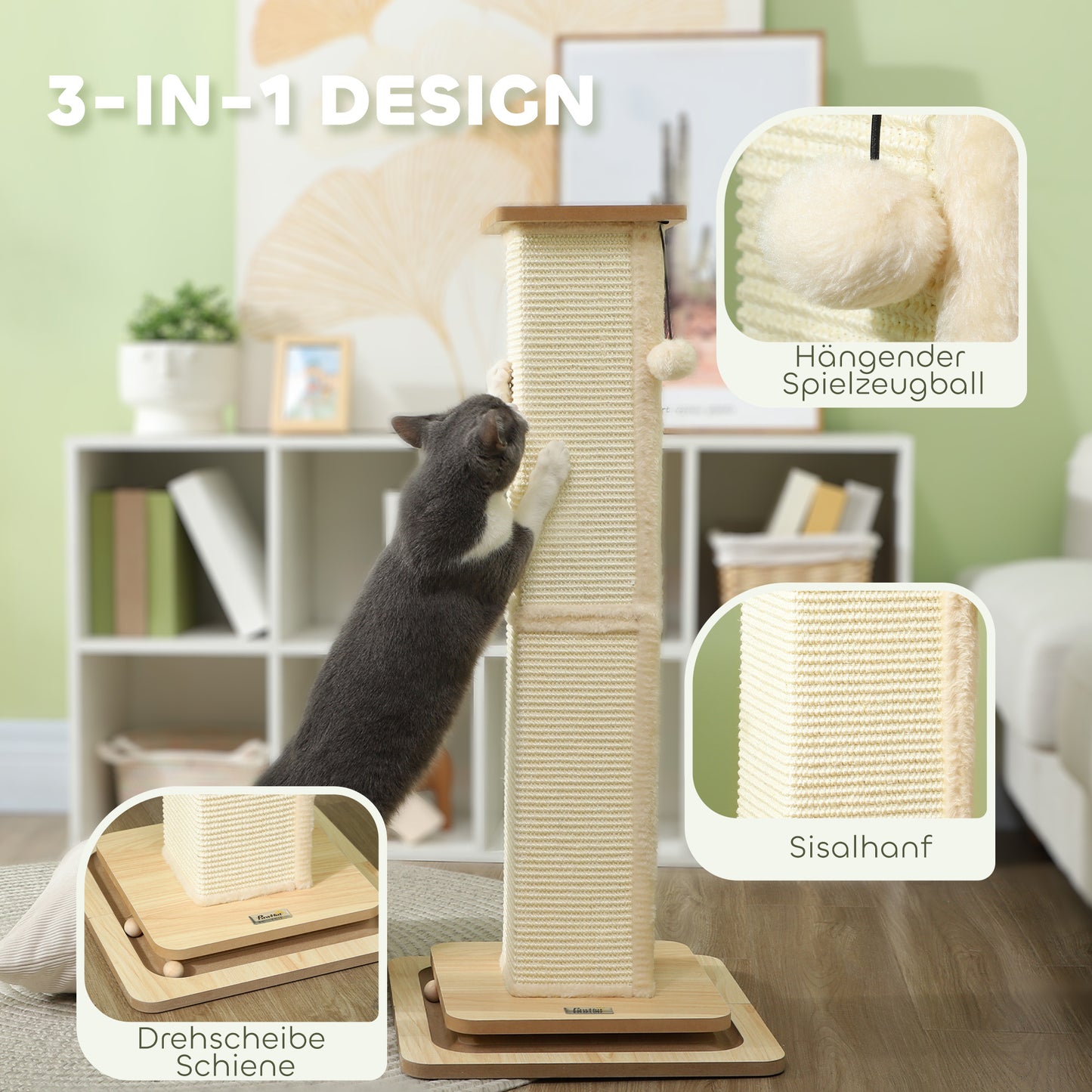 PawHut 3-in-1-Kratzbaum mit Spielschiene, Spielball, Sisal, bis 10 kg, 39,5 x 39,5 x 87 cm, Eiche/Creme