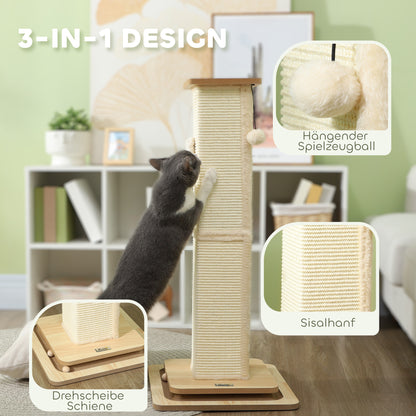 PawHut 3-in-1-Kratzbaum mit Spielschiene, Spielball, Sisal, bis 10 kg, 39,5 x 39,5 x 87 cm, Eiche/Creme