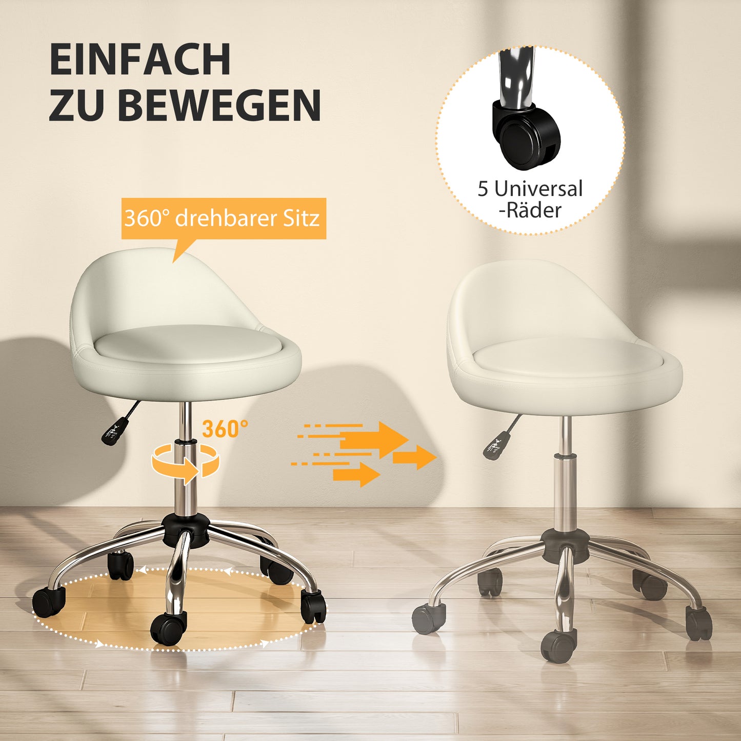 HOMCOM Arbeitshocker Drehhocker Rollhocker, höhenverstellbar, drehbare Sitzfläche, 50cm x 50 cm x 83 cm, Weiß