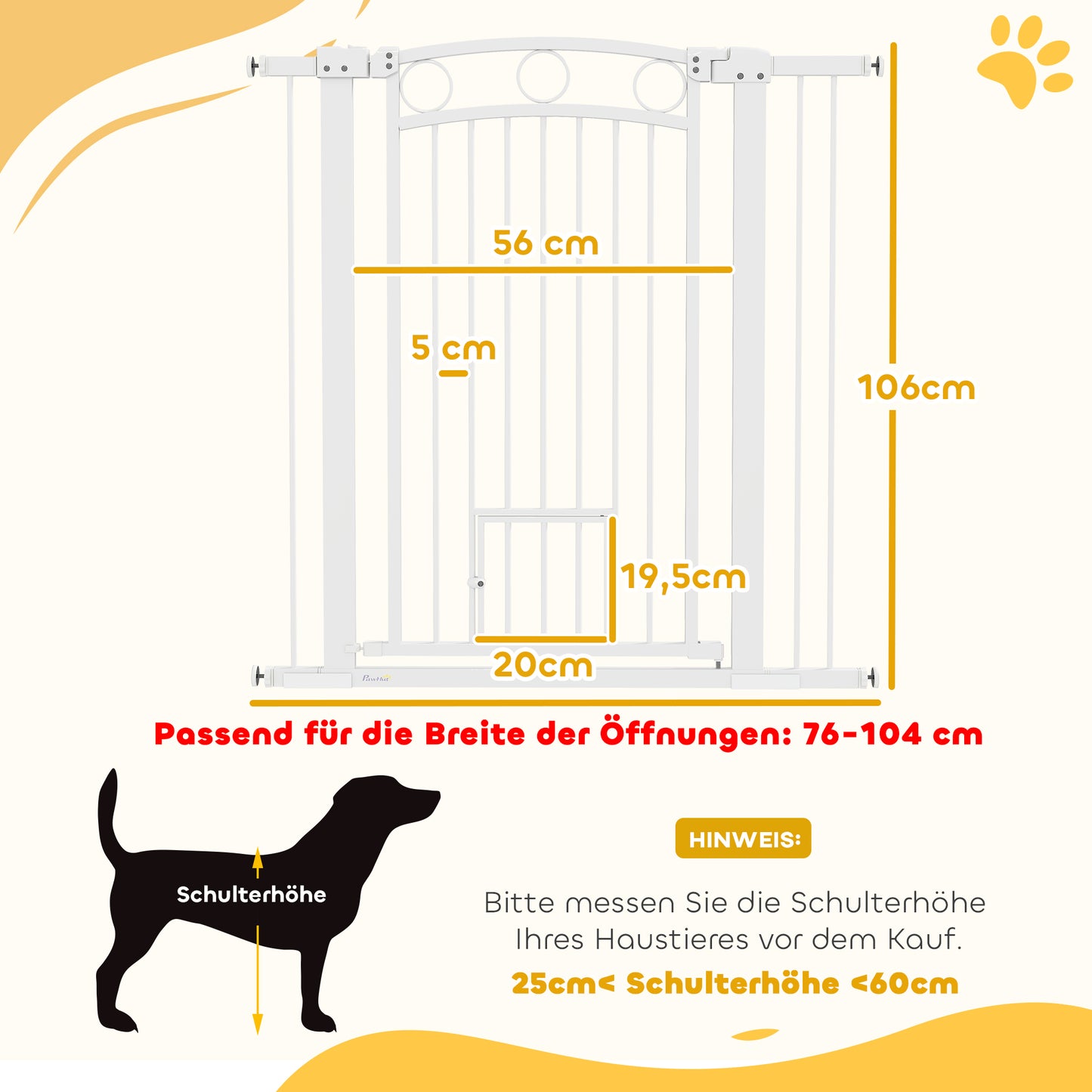 PawHut 106 cm hohes Haustiergitter mit anpassbarer Breite, integrierte Katzentür, für Treppen und Türrahmen, Weiß