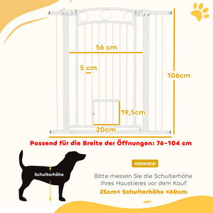 PawHut 106 cm hohes Haustiergitter mit anpassbarer Breite, integrierte Katzentür, für Treppen und Türrahmen, Weiß