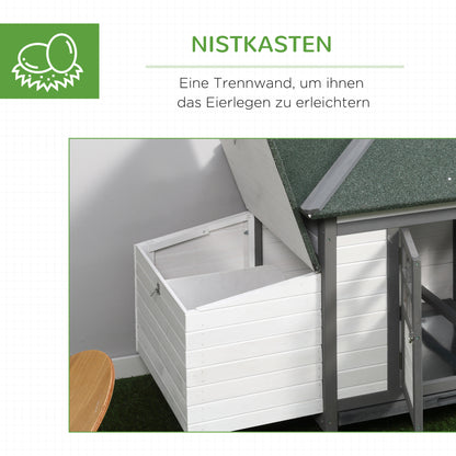 PawHut Hühnerstall für Zwerghühner 196 × 76 × 97 سم Hühnerhaus mit Nistkasten, Freilaufgehege Sitzstange, Kleintierstall aus Holz, Grau