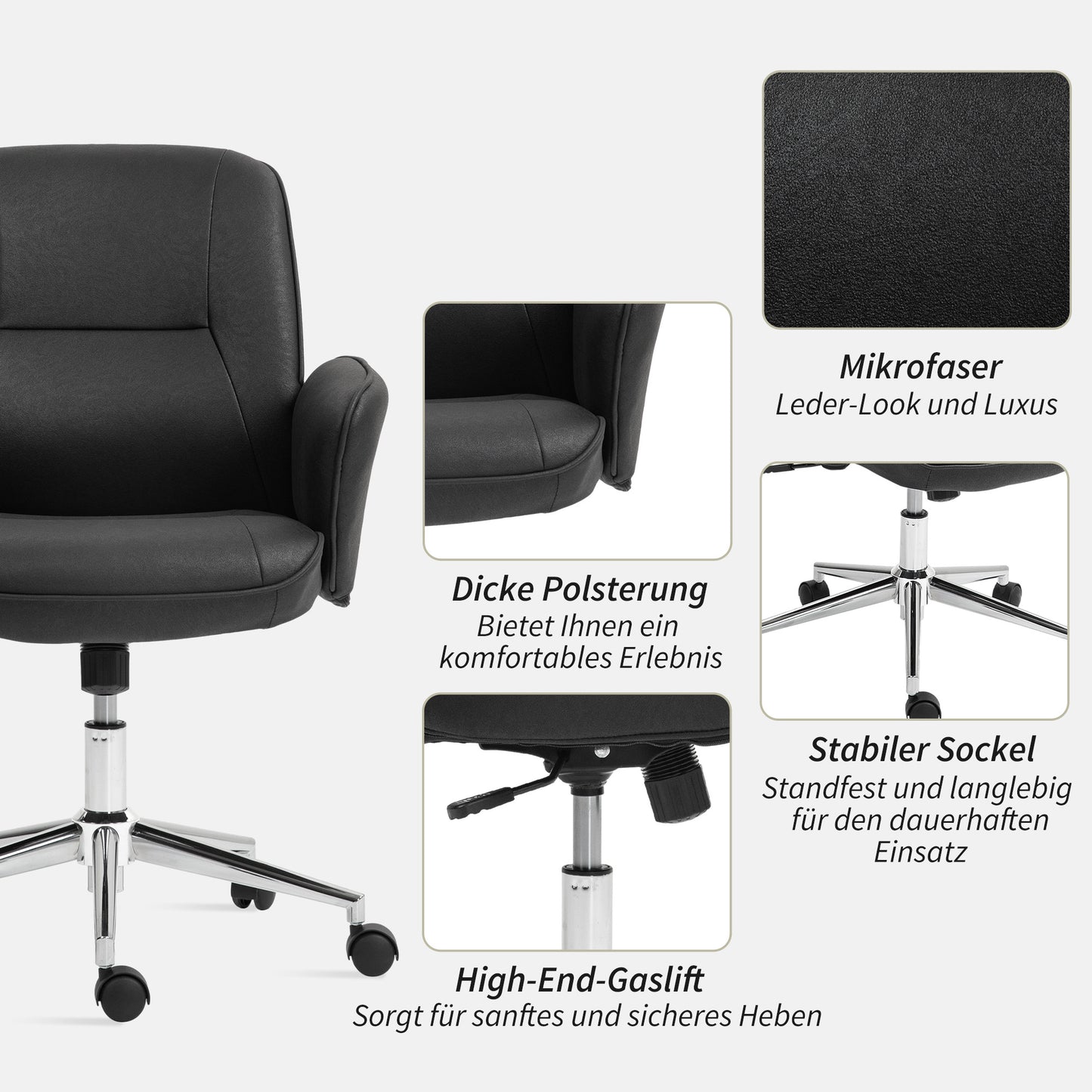 Vinsetto Bürostuhl, höhenverstellbar, atmungsaktiver Bezug, Wippfunktion, bis 120 kg, Schwarz