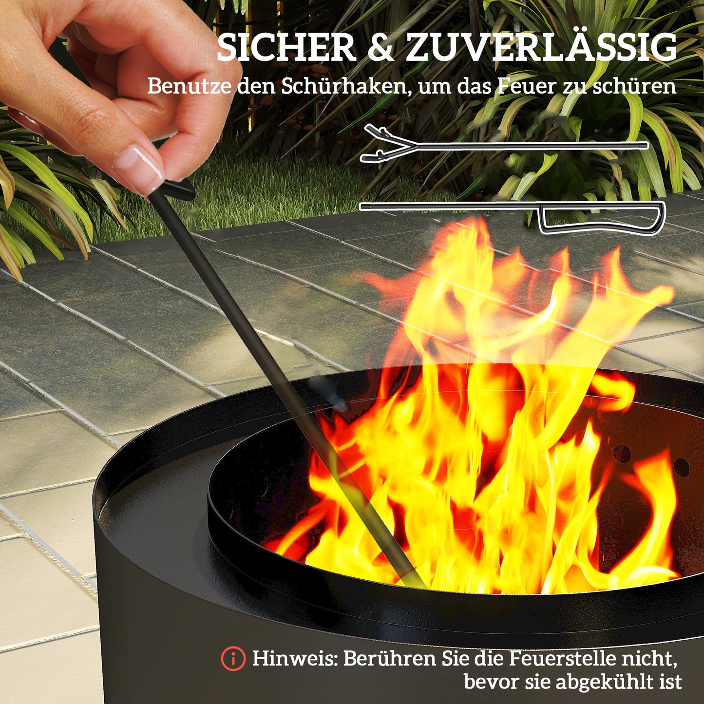 Outsunny Feuerschale Ø45x42cm aus Edelstahl Feuerstelle mit Schürhaken Aschenwanne Schwarz