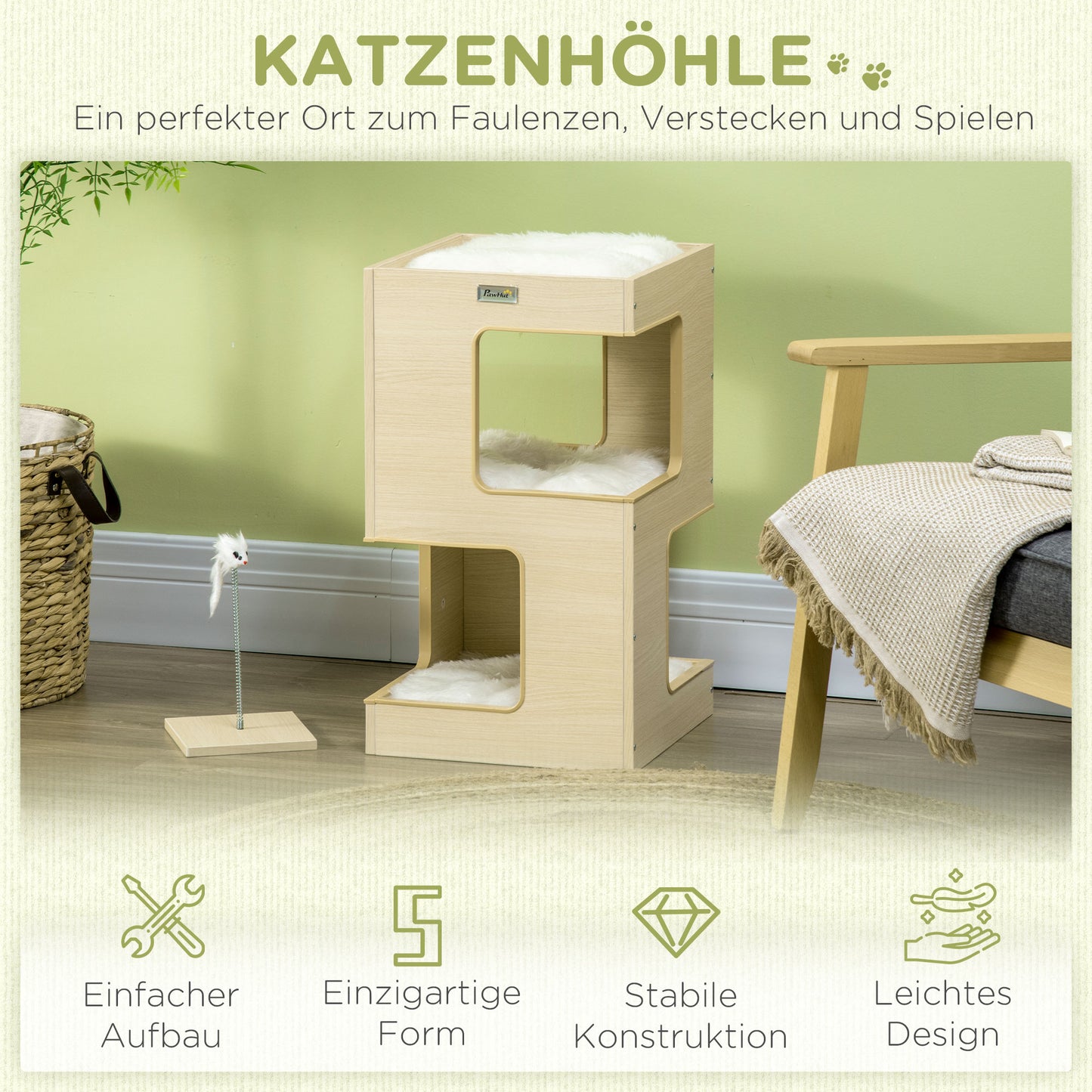 PawHut Katzentonne, Katzenhöhle, 2 Ebenen, inkl. Spielzeug, 34 cm x 34 cm x 60 cm, Natur + Hellgrau