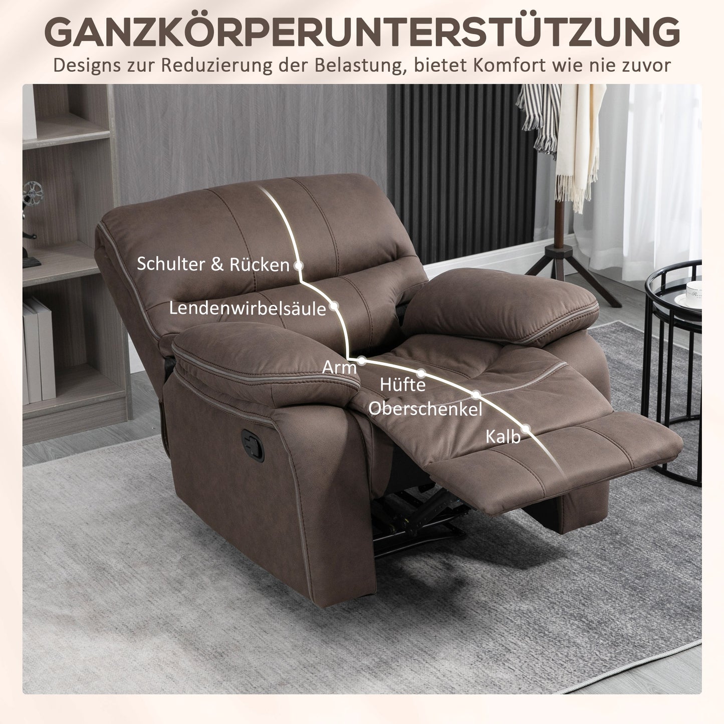 HOMCOM Polstersessel mit Fußstütze, Entspannungssessel zum Zurücklehnen, Mikrofaserbezug in Lederoptik, Metallstruktur, Braun