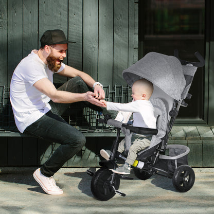 HOMCOM Kinder-Dreirad, Kinderfahrrad, Rückenkorb, Becherhalter, Sonnendach, Metall, Grau