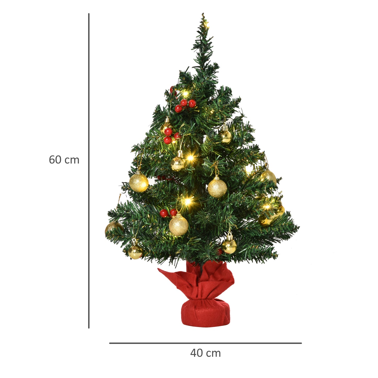 HOMCOM Mini-Weihnachtsbaum Weihnachtsdekoration Weihnachtsdeko, inkl. Weihnachtskugeln und LED-Lichter 60 cm, Mehrfarbig