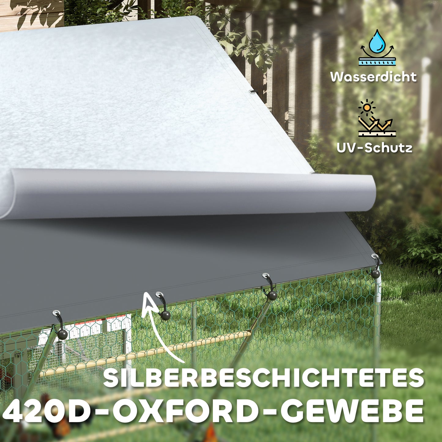 PawHut Hühnerstall, Freilaufgehege für Hühner, mit UV-beständiger Plane, Stahlgitter, Futterautomat, für 6-8 Hühner