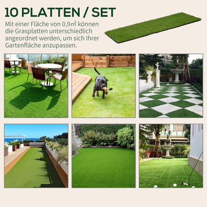 Outsunny Kunstrasen, naturgetreu, Drainagefunktion, 6,5 K Fasern/m², 25mm Höhe, 10-er Set je 30x30cm, Grün