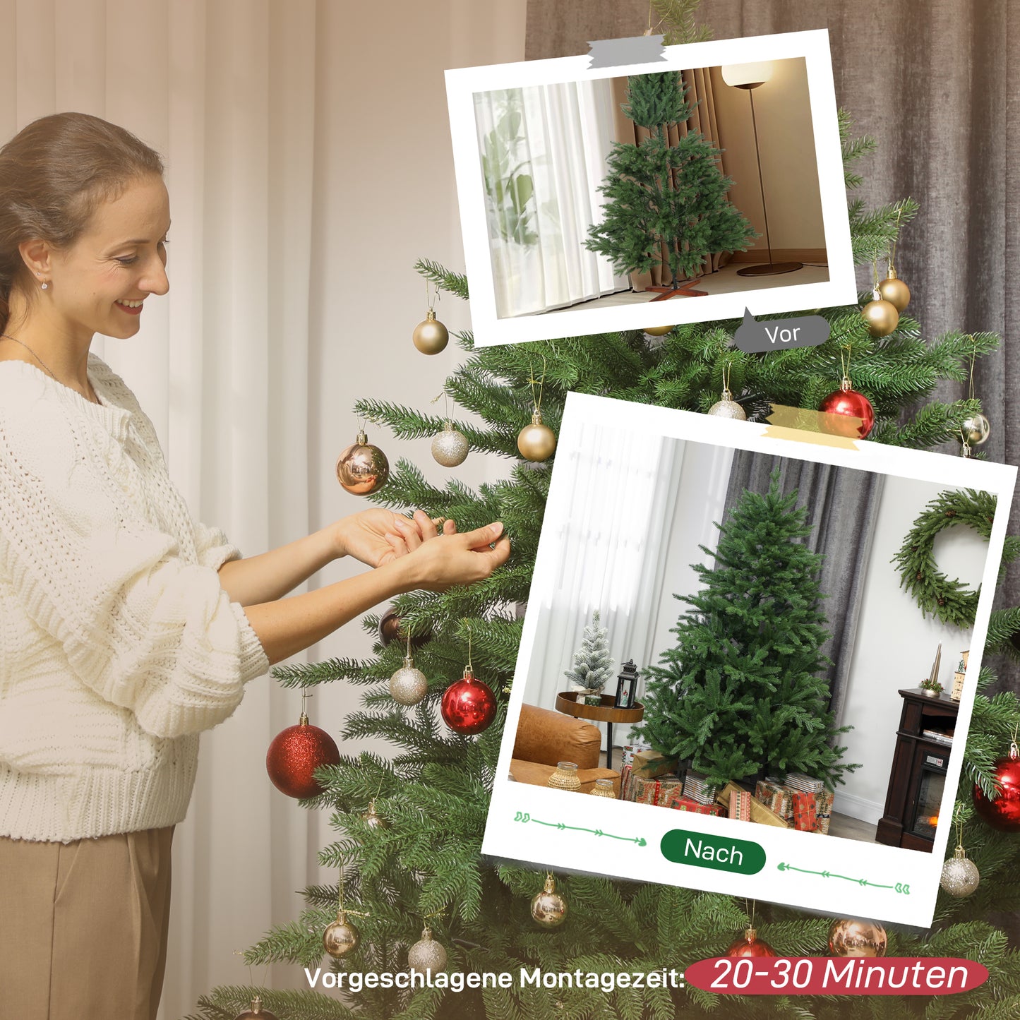 HOMCOM Künstlicher Weihnachtsbaum, realistisches Aussehen, klappbare Zweige, Holzsockel