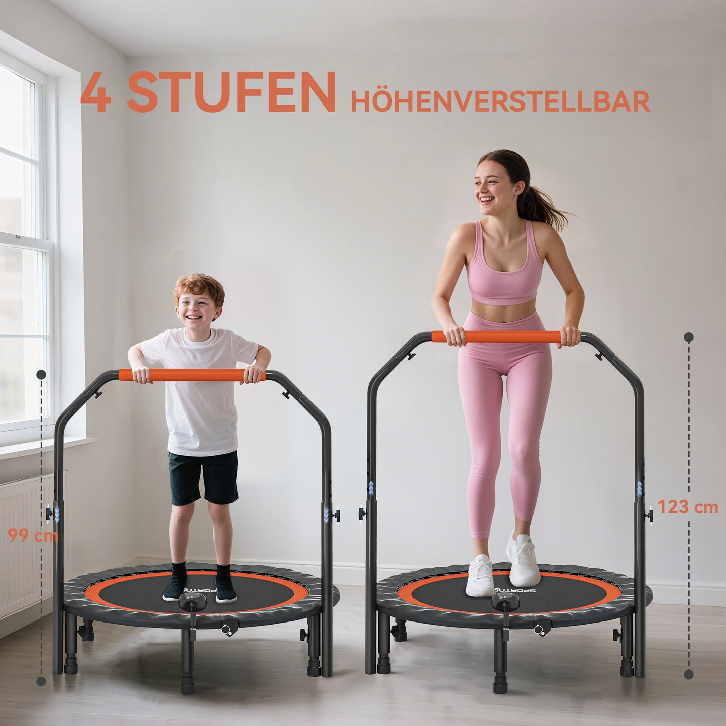 SPORTNOW Mini-Trampolin, mit höhenverstellbarem Haltegriff, LCD-Monitor, Stahl, schwarz+rot, Ø102 x 99-123cm