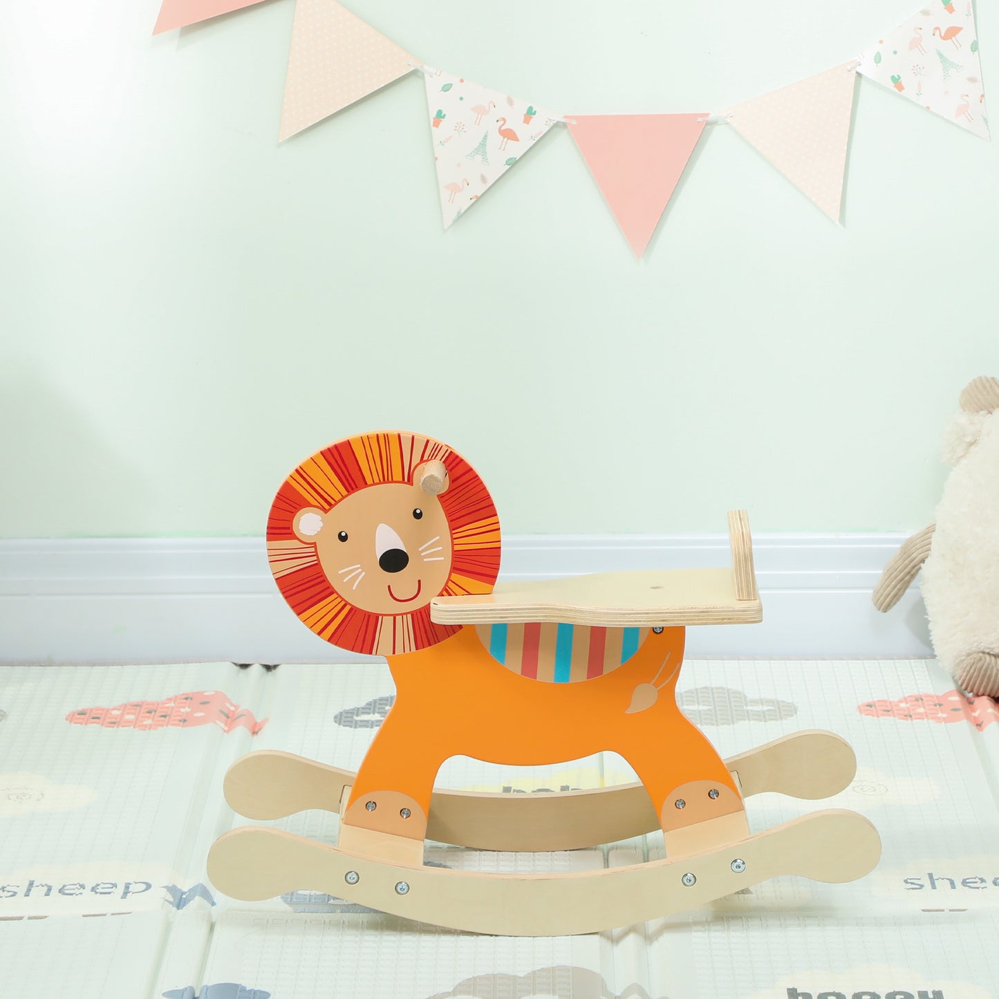 AIYAPLAY Schaukelpferd mit Löwen-Design, 25 kg Belastbarkeit, 2-5 Jahre, Holz, Orange
