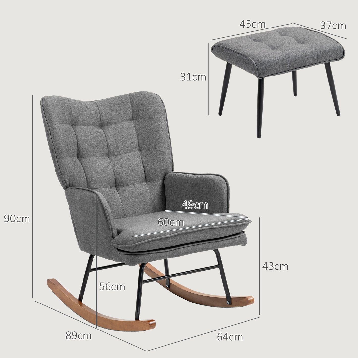 HOMCOM Schaukelstuhl mit Hocker, komfortabel, bis 130 kg, Leinenoptik, 64x89x90cm, Dunkelgrau