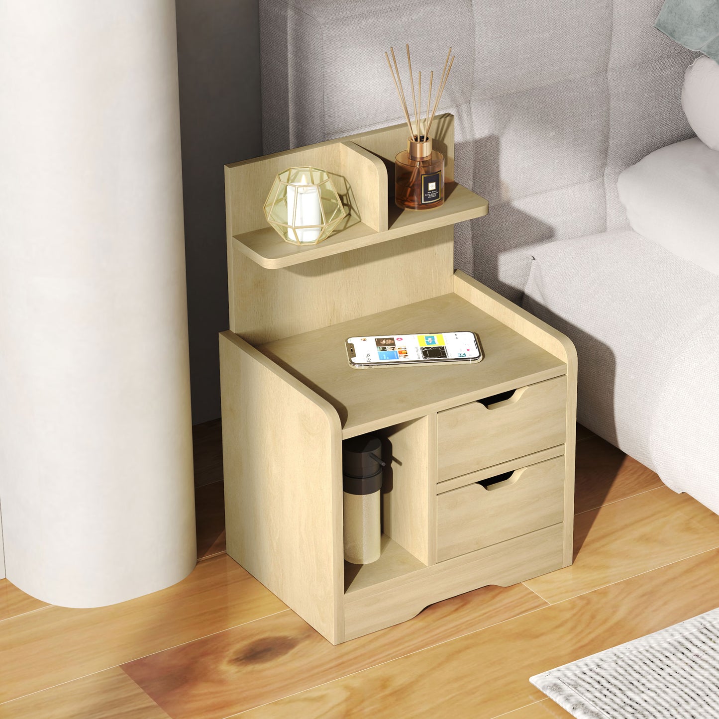 HOMCOM Nachttisch mit 2 Schubladen, offener Ablage, 40x30x60 cm, Holzdekor