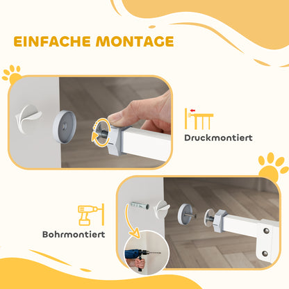 PawHut Türgitter mit Katzenklappe, Montage ohne Bohren, variable Breite 74-80 cm, einhändiges Öffnen, Metall, Weiß