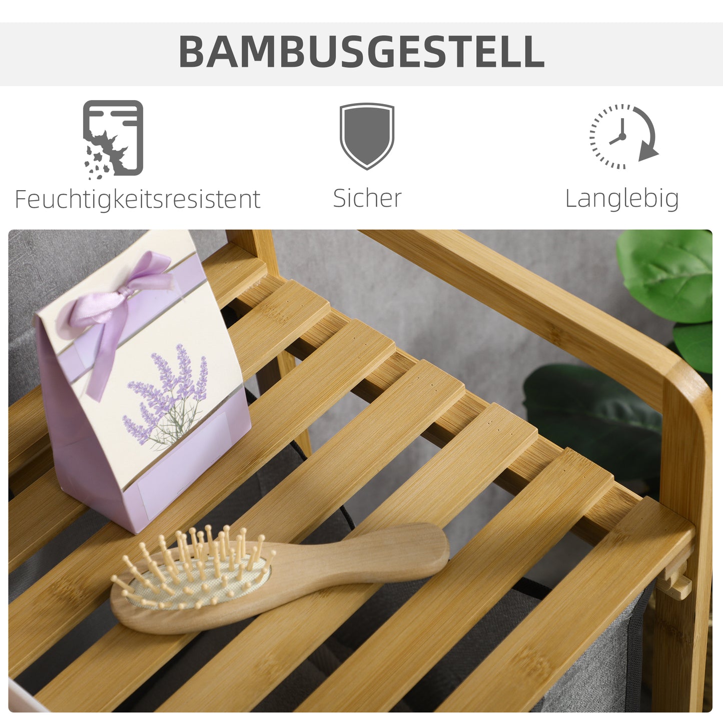 HOMCOM Wäschesammler Wäschekorb, 2 Wäschesäcke, 2 Griffe, Bambus, 63,5 x 33 x 73 cm, Grau + Natur