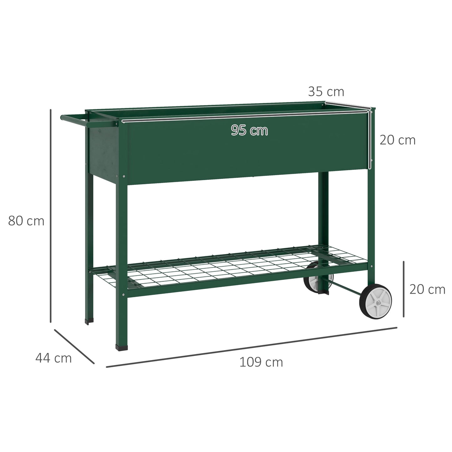 Outsunny Hochbeet Pflanzbeet Pflanzkasten, 1 Ablage, 2 Rollen, 109 cm x 44 cm x 80 cm, Grün