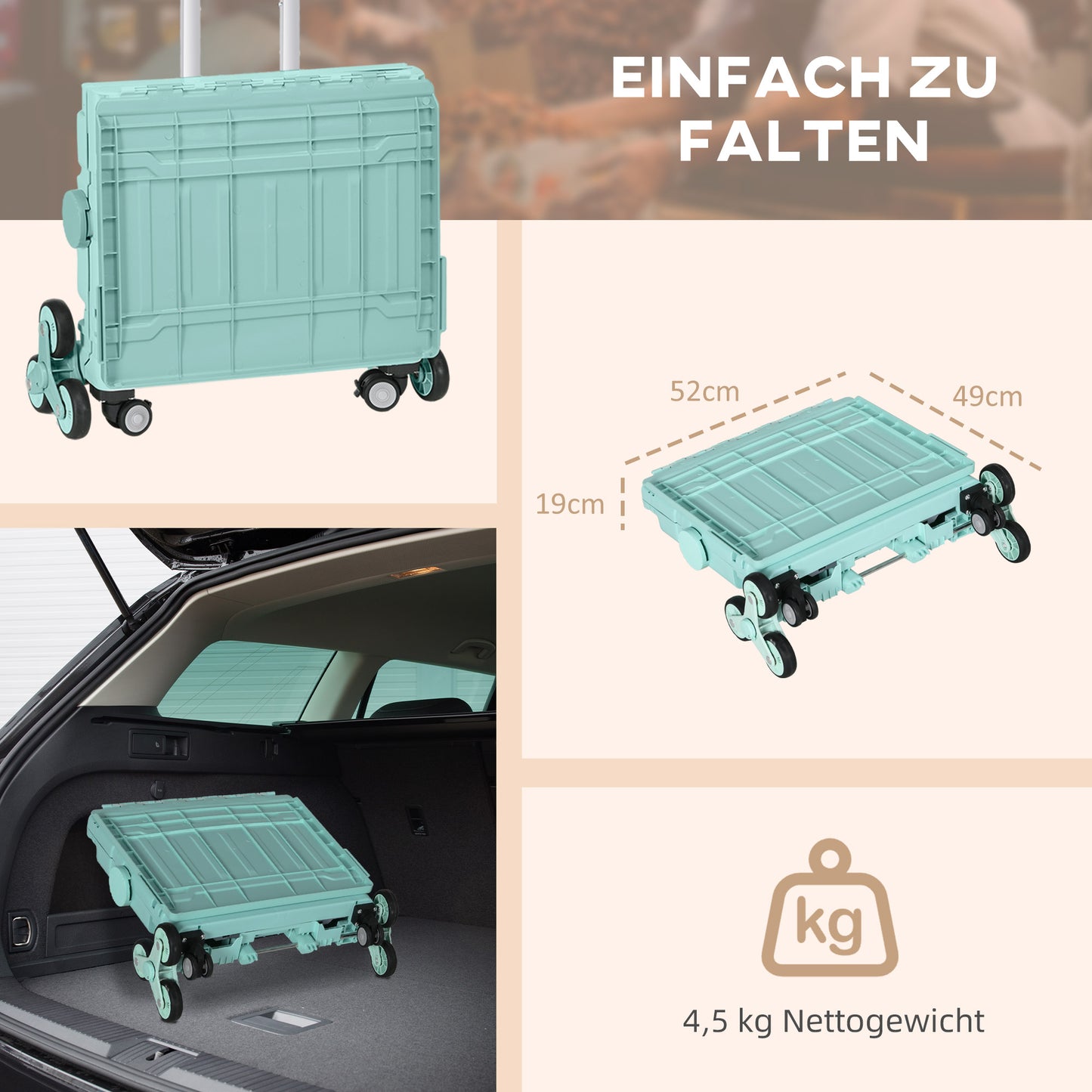 HOMCOM Einkaufswagen Einkaufstrolley, Treppensteiger, klappbar, Teleskopgriff, bis max. 65 Kilo belastbar, Grün