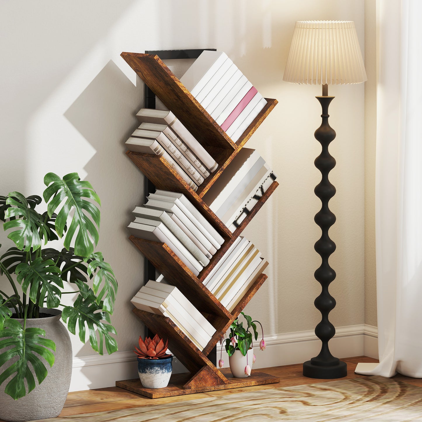 HOMCOM Bücherregal Standregal mit 7 Ebenen Schmal Regal im Baumform für Büro, Rustikal Braun