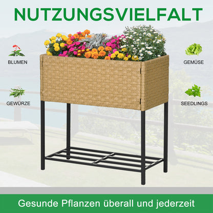 Outsunny Hochbeet, Blumenkasten, tiefe Ablage, Metallrahmen/Polyrattan, 70 x 30 x 72 cm, Sandfarben