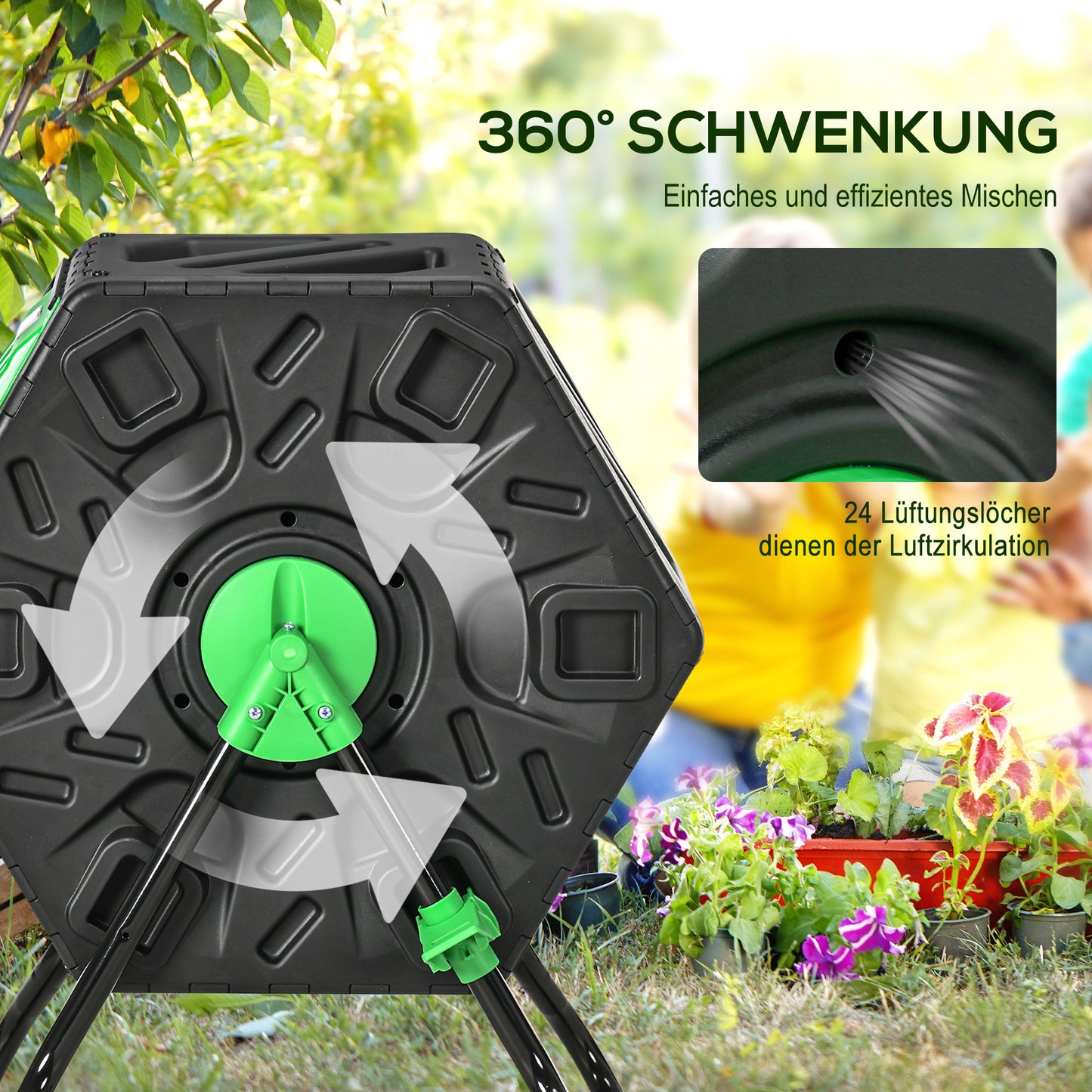 Outsunny Kompostbehälter, 65 Liter Komposter, drehbar, kompakt, 24 Belüftungslöcher, Stahl, Kunststoff, Grün+Schwarz