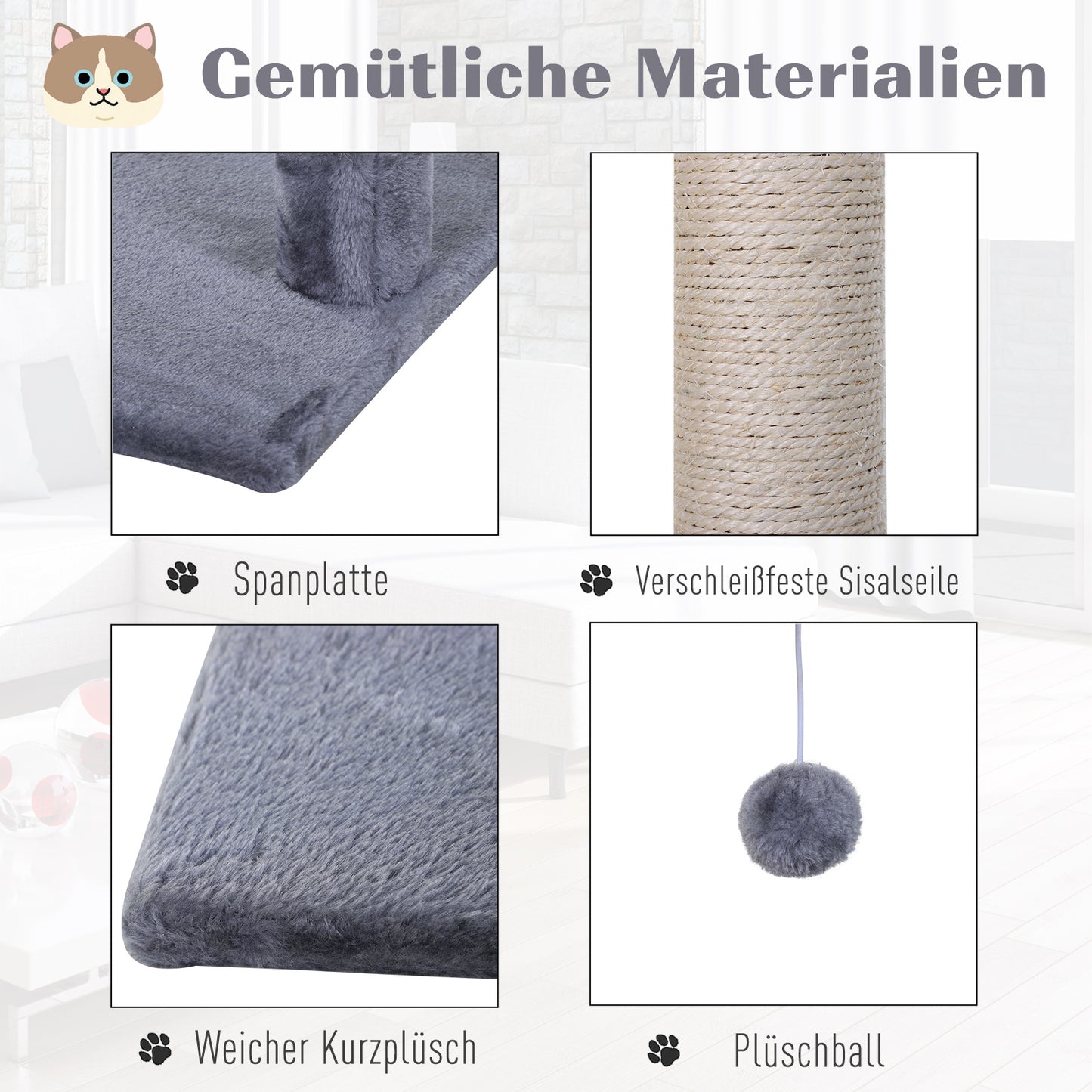 PawHut Kletterbaum Katzenbaum Kratzbaum mit Sisalsäule Plüsch-Hängematte Spanplatte Grau 50 x 36 x 70 cm