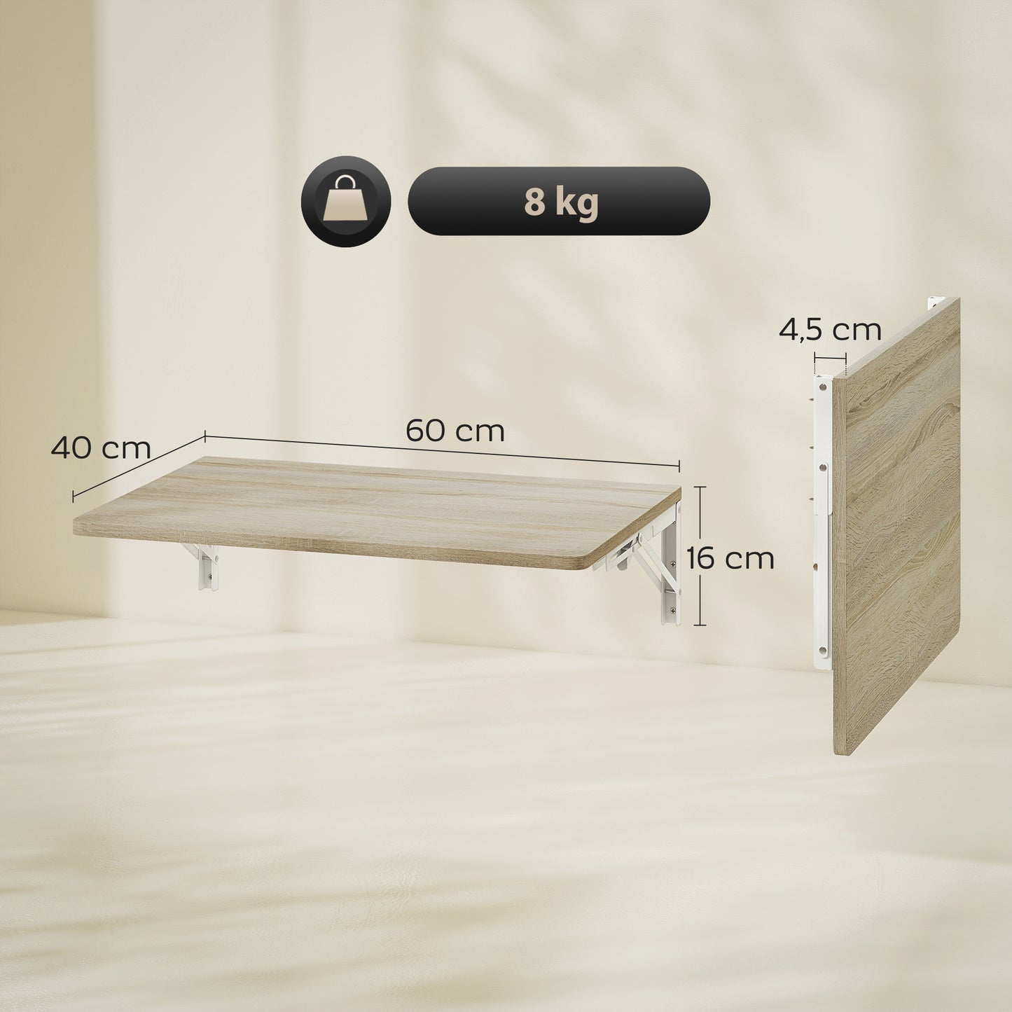 HOMCOM Wandklapptisch, 60x40 cm Klapptisch, Platzsparender Schwimmender Schreibtisch mit abgerundeten Ecken, für Homeoffice, Wohnzimmer, Schlafzimmer, Küche, Eiche