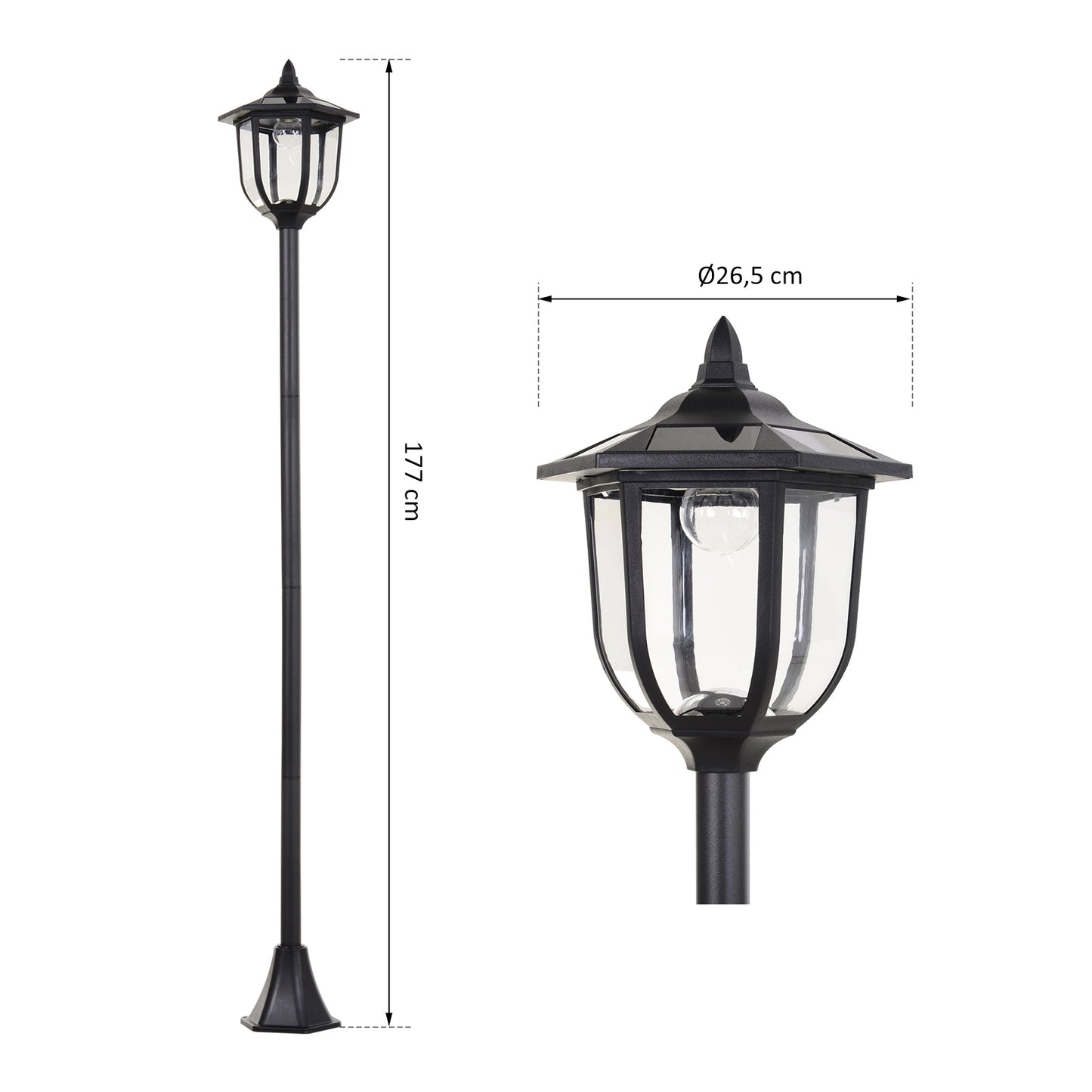 Outsunny Solar LED Gartenlaterne, Laterne aus Kunststoff, Außenleuchte für Innen und Außen 177 cm hoch, Gartenleuchte, 30/60 Lumen, für Garten Balkon Deko Schwarz