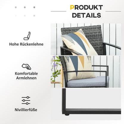 Outsunny Rattan Gartenmöbel Set für 2 Personen Polyrattan Gartenmöbel Set Balkonmöbel Set mit Kissen Garten Grau