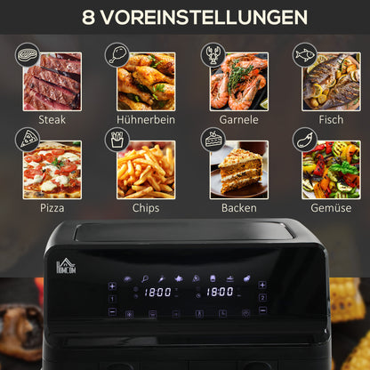 HOMCOM Heißluftfritteuse, 2 Frittierkörbe á 4 Liter, 8 Programme, Licht, Timer, 38,5 x 38 x 30,5 cm, Schwarz