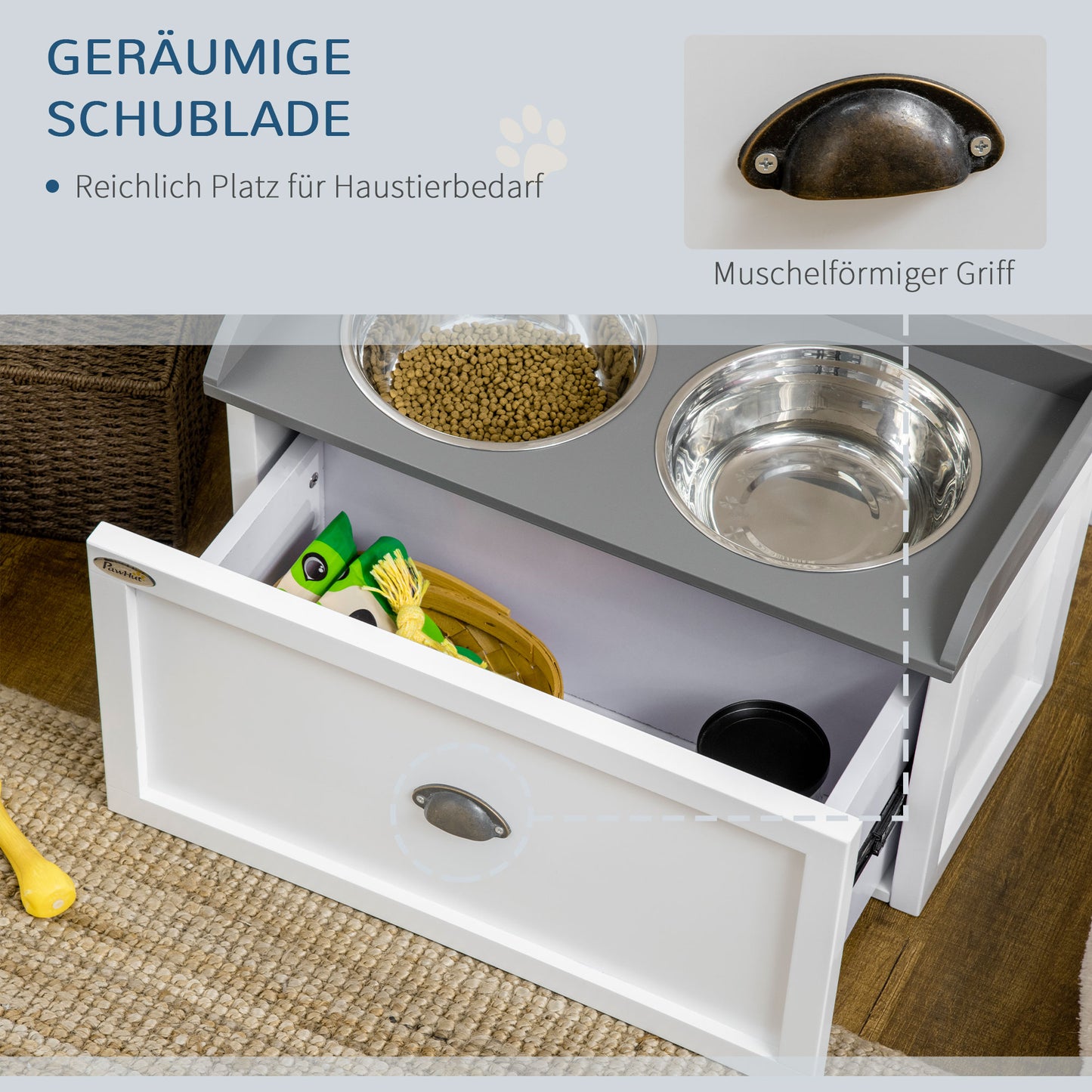 PawHut Futterstation, 2 Fressnäpfe je 2 Liter, Edelstahl, mit Schublade, für große Hunde, weiß+grau, 60 x 30 x 36 cm