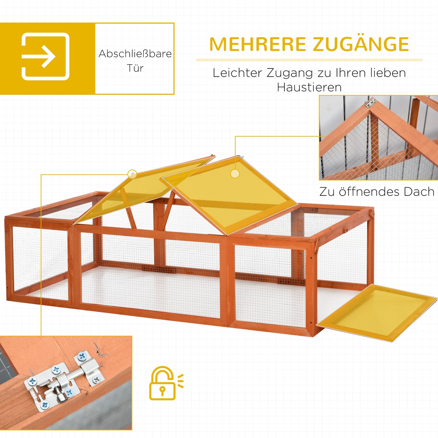 Pawhut Freilaufgehege für Kleintiere Aufklappbares Dach Tannenholz Orange
