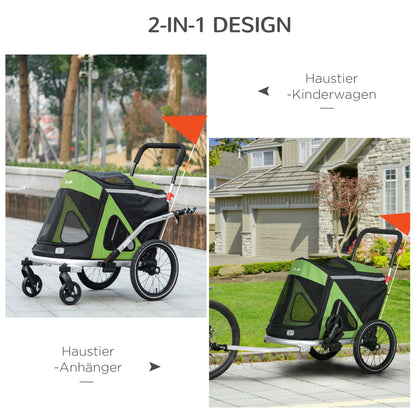 PawHut 2-in-1 Hundebuggy Hundejogger Fahrradanhänger bis 20kg 2 Reflektoren 1 Sicherheitsleine 150 x 68 x 95 cm Grün
