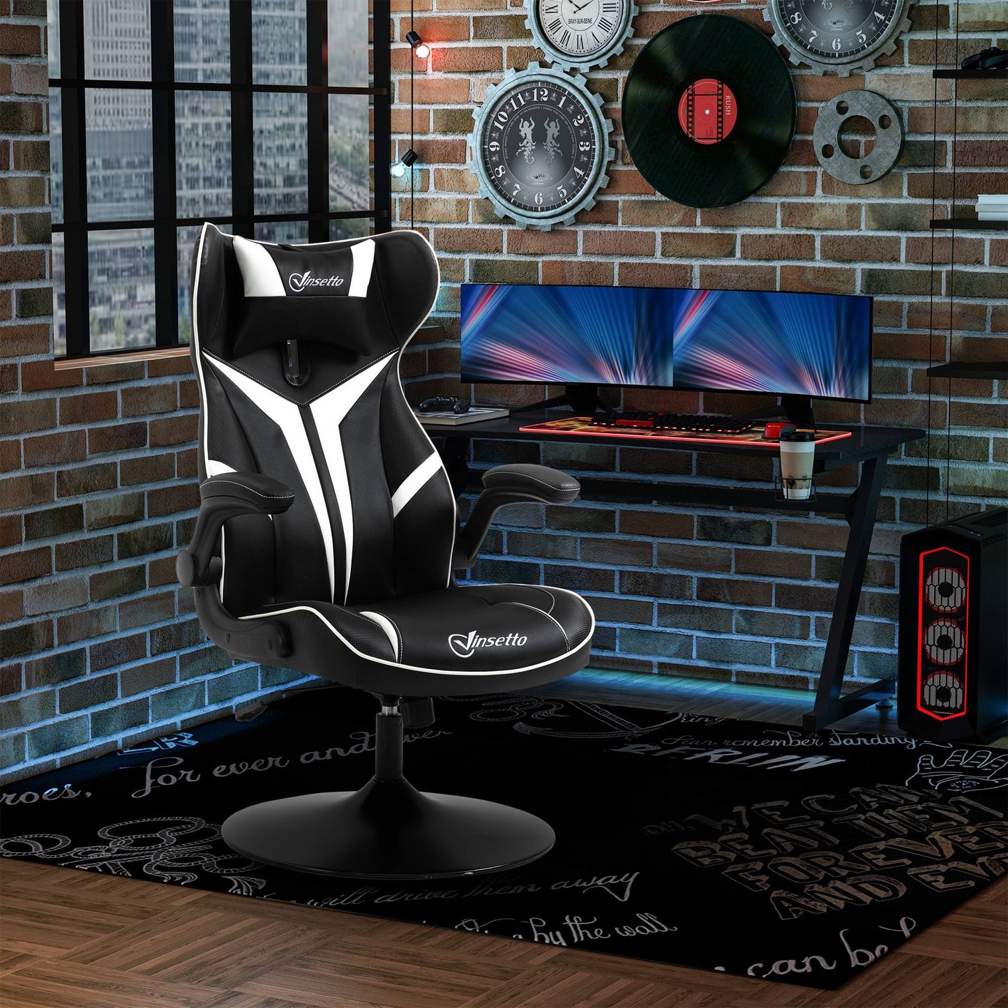 Vinsetto Gaming Stuhl ergonomischer Computerstuhl mit Wippfunktion Drehstuhl höhenverstellbar Stahl Schwarz+Weiß 67 x 70 x 106-112 cm