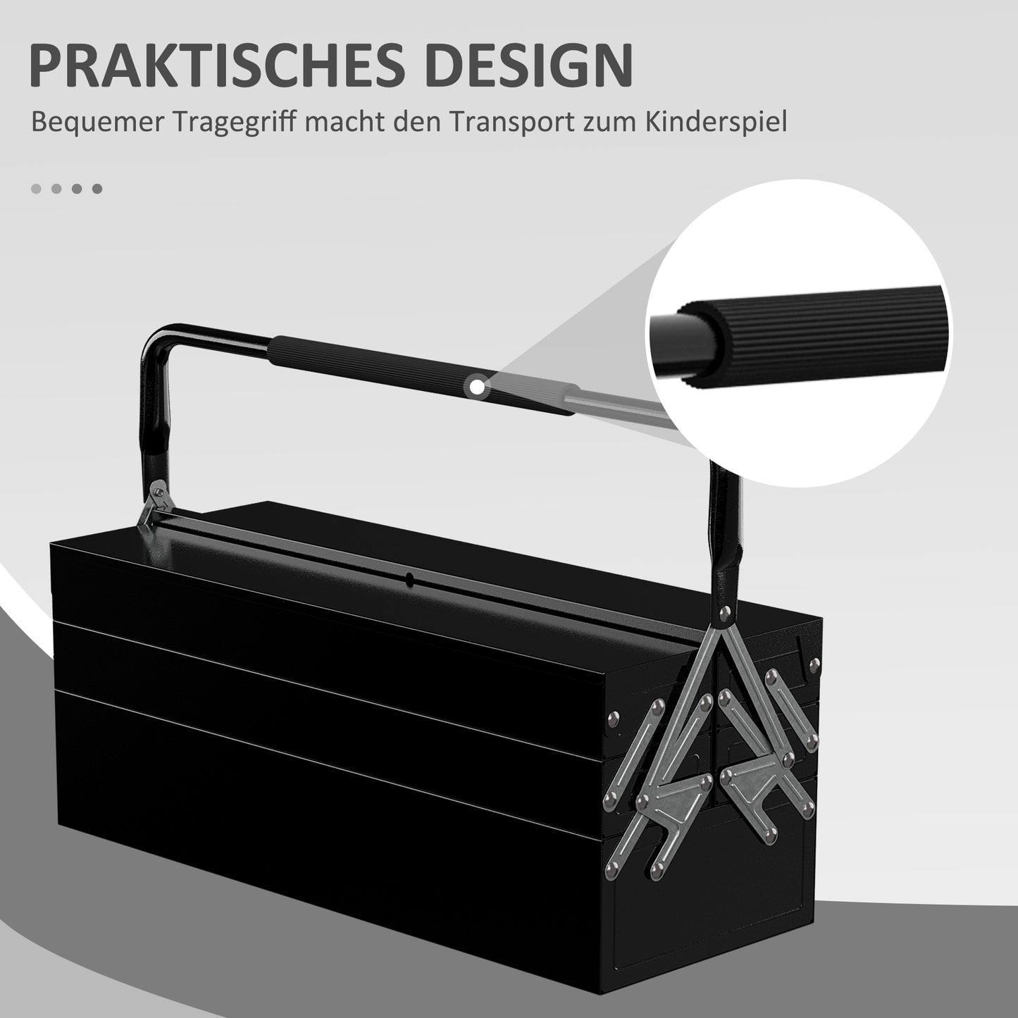 DURHAND Werkzeugkiste, Werkzeugkoffer mit 3 Etagen, Stahl, 56L x 20B x 41H cm, Schwarz
