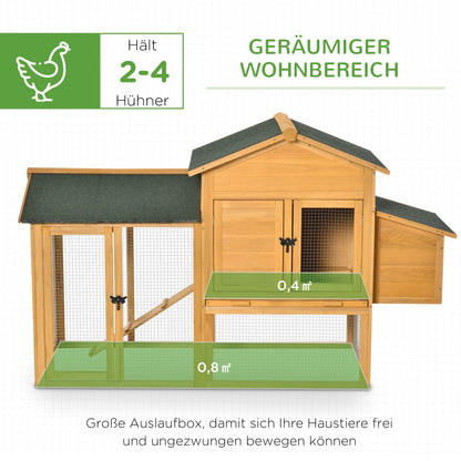 PawHut Zwerghühnerstall mit Freilauf und Brutkasten Wetterbeständig versiegeltes Tannenholz, Asphaltdach Natur + Grün