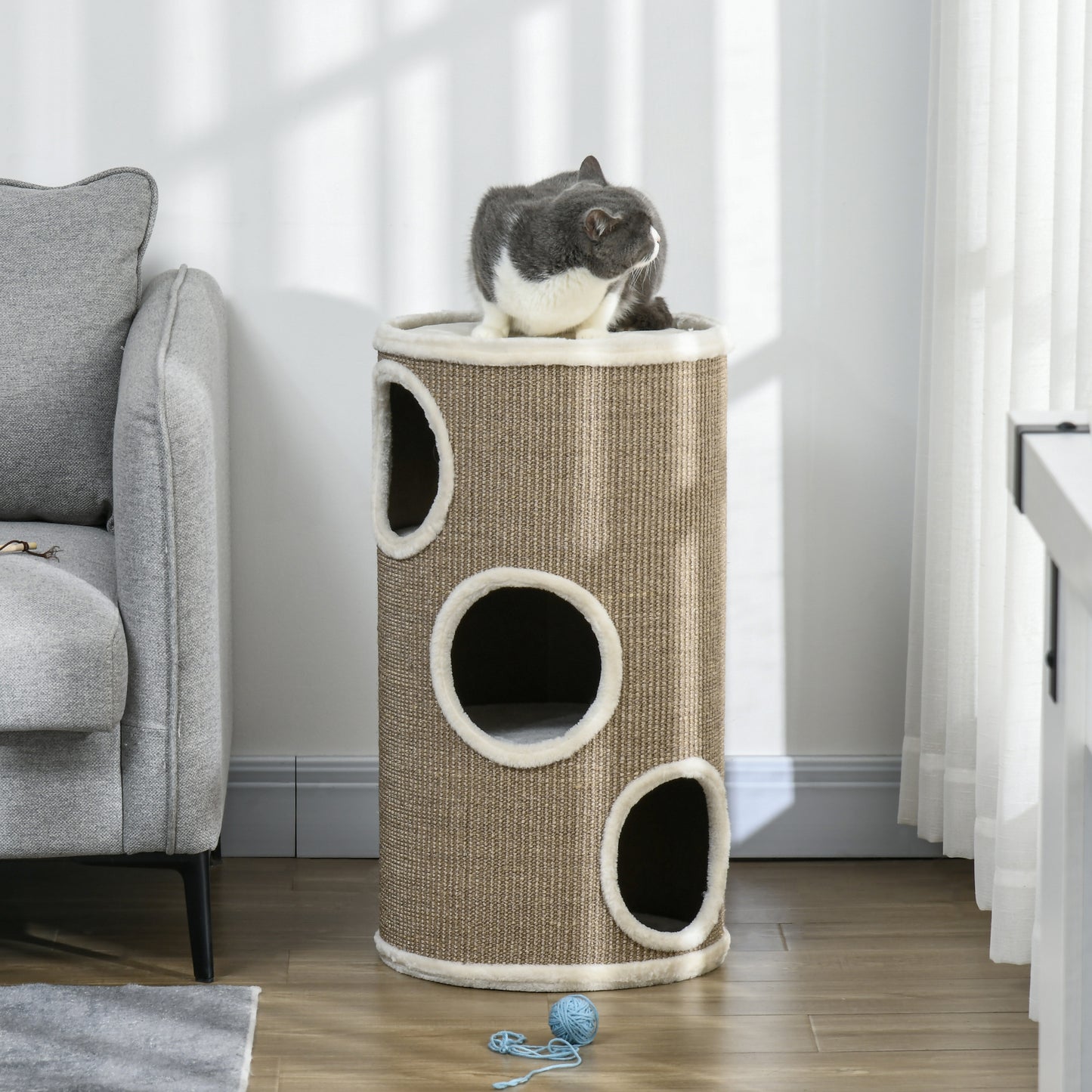 PawHut Katzen Kratztonne, weicher Plüsch, Sisal-Kratzteppich, robust, Ø38 x 70H cm, Braun