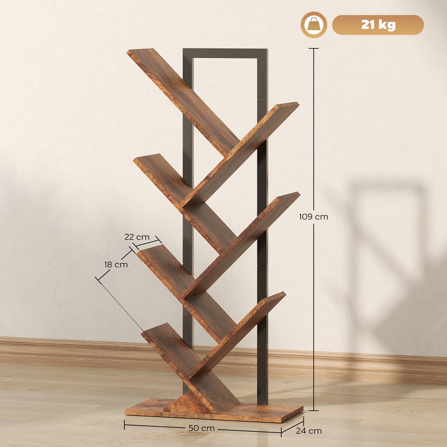 HOMCOM Bücherregal Standregal mit 7 Ebenen Schmal Regal im Baumform für Büro, Rustikal Braun