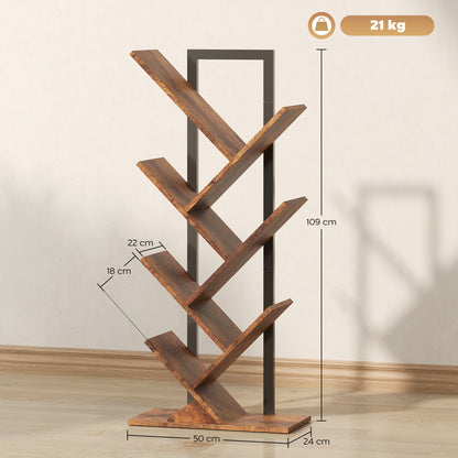 HOMCOM Bücherregal Standregal mit 7 Ebenen Schmal Regal im Baumform für Büro, Rustikal Braun